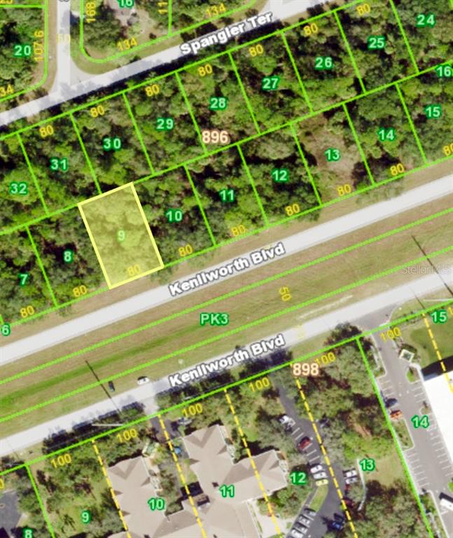 This is an aerial map showing a vacant lot highlighted in yellow along a boulevard — 20238 KENILWORTH BOULEVARD, PORT CHARLOTTE, FL