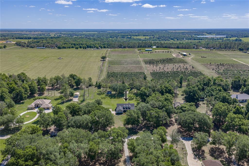 An aerial view shows a house with a dark roof surrounded by trees and fields — 810 SAVANNAH OAKS DRIVE, BROOKSVILLE, FL