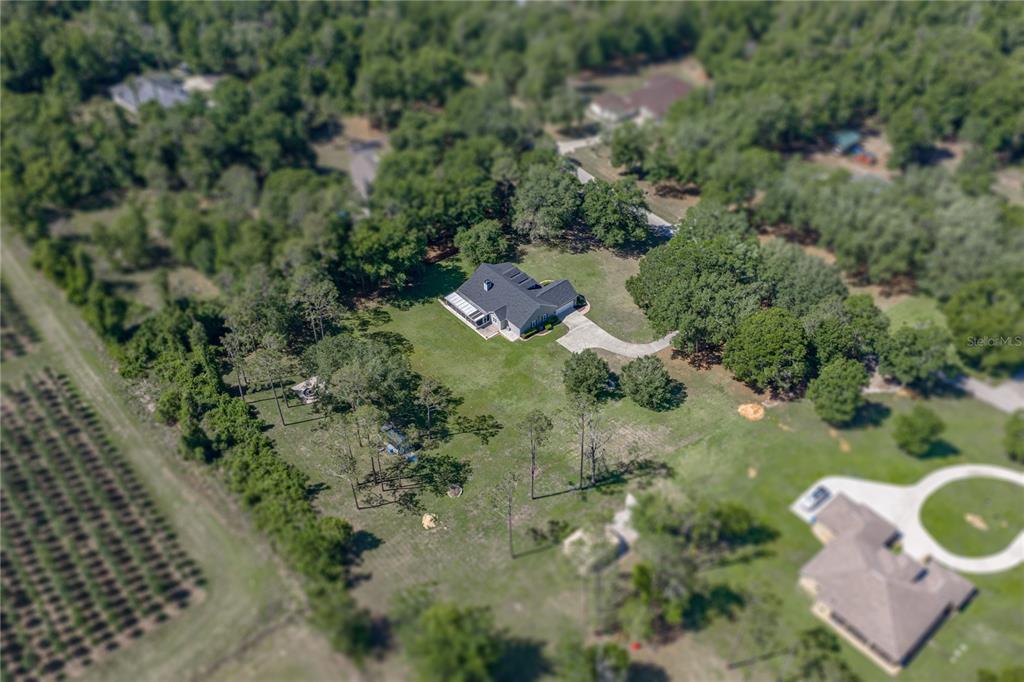 An aerial view shows a house with a dark roof situated on a large, wooded lot — 810 SAVANNAH OAKS DRIVE, BROOKSVILLE, FL