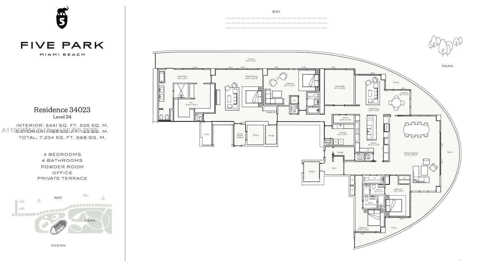 This is a floor plan for a luxury residence featuring four bedrooms and a private terrace — 500 Alton, Miami Beach FL 33139, MIAMI BEACH, FL