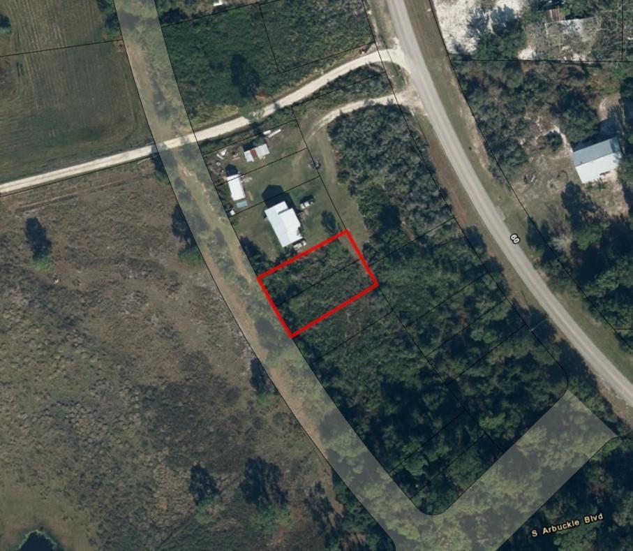 An aerial map view shows a rectangular plot of land outlined in red — 153 Disney Boulevard, FL 33825, FL