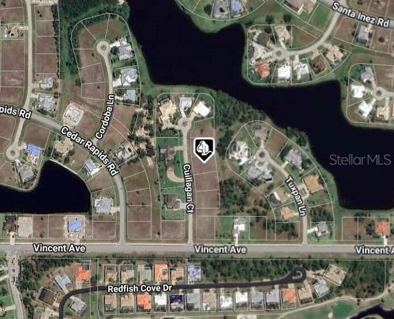 This is an aerial map showing a vacant residential lot on a cul-de-sac — 17504 CUILLAGAN COURT, PUNTA GORDA, FL