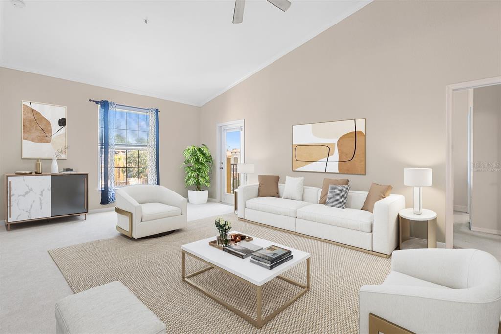 A living room features a white sofa, two armchairs, a coffee table, and a balcony door — 10211 COURTNEY PALMS UNIT 303, TAMPA, FL