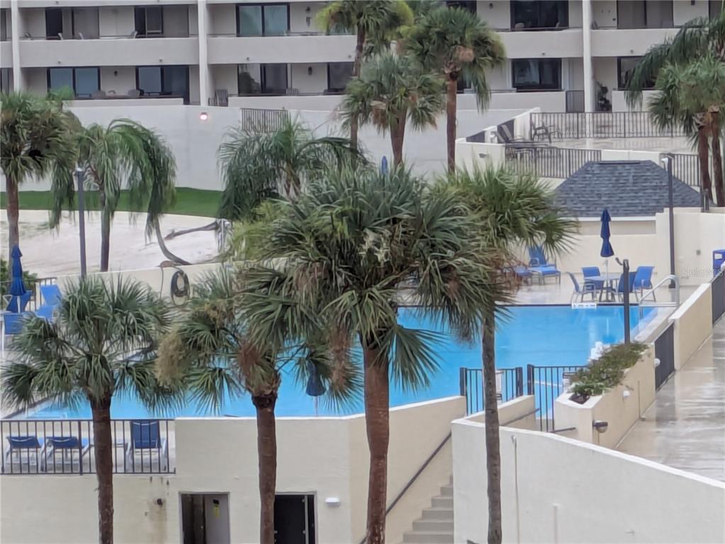 An outdoor swimming pool is surrounded by palm trees and a multi-story apartment building — 5915 SEA RANCH DRIVE UNIT 404, HUDSON, FL