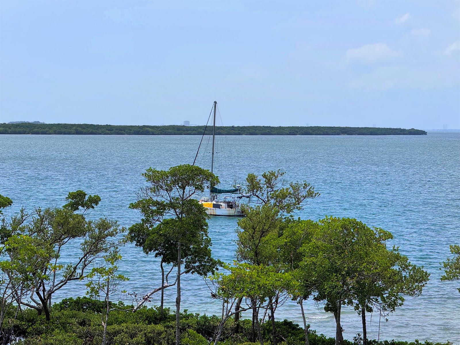 A sailboat is anchored in the water near a shoreline with green trees and bushes — FORT PIERCE, FL