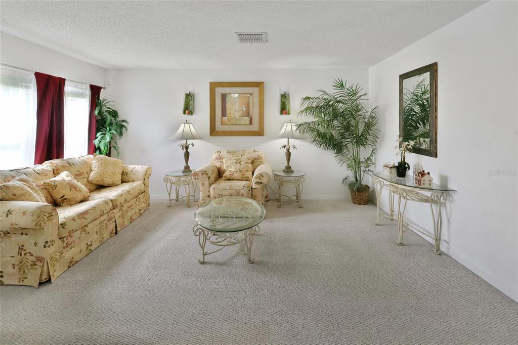 A living room features floral furniture, a glass coffee table, and a large potted plant — 16816 RISING STAR DRIVE, CLERMONT, FL