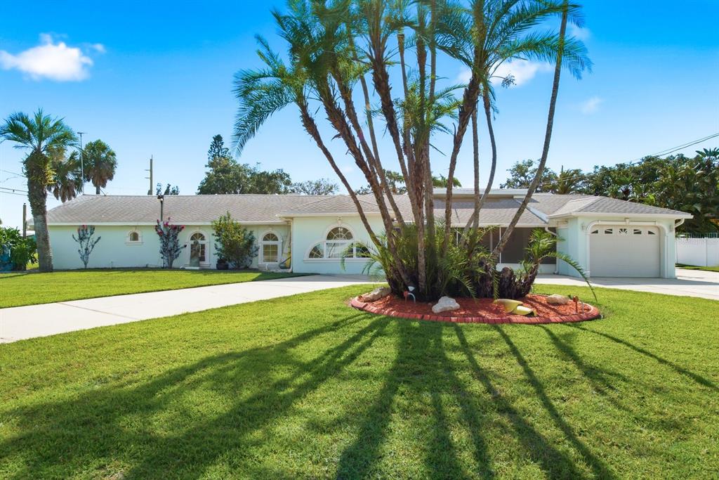 A single-story house with a light-colored exterior, a two-car garage, and a palm tree garden — 6309 WERNER AVENUE, NEW PORT RICHEY, FL