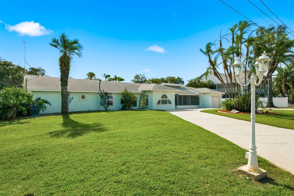 A light green single-story house with a large lawn, palm trees, and a concrete driveway — 6309 WERNER AVENUE, NEW PORT RICHEY, FL