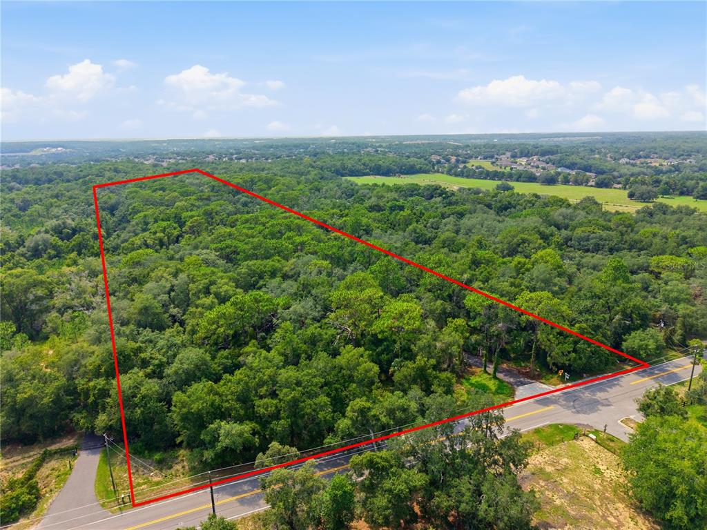 An aerial view shows a wooded plot of land outlined in red along a road — 6850 ROUND LAKE ROAD, MOUNT DORA, FL