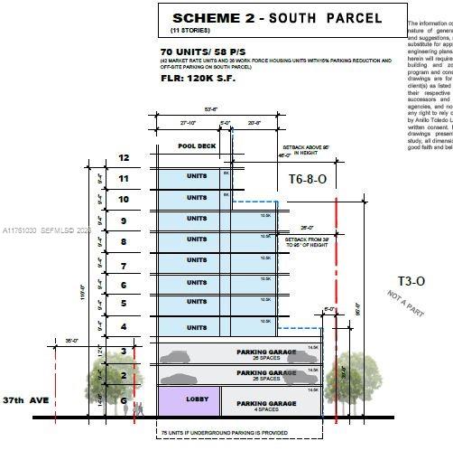 This architectural rendering shows a building elevation plan for an eleven-story residential development project — 2756 SW 37th Ave, Miami FL 33133, MIAMI, FL