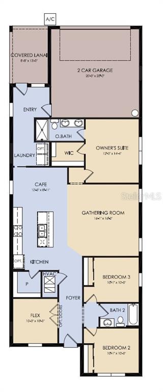 This is a floor plan for a single-story home featuring three bedrooms, a two-car garage — 6902 CREEK FALLS ALLEY, CLERMONT, FL