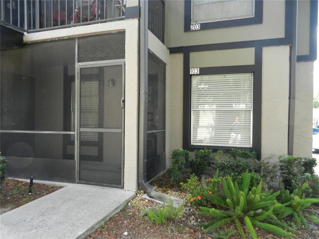 A ground-level apartment entrance features a screened porch and a window labeled 103 — 4013 DREAM OAK PL UNIT 103, TAMPA, FL