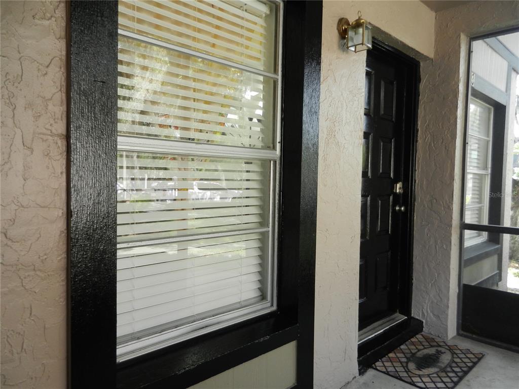 A black front door and a window with white blinds on a stucco porch — 4013 DREAM OAK PL UNIT 103, TAMPA, FL