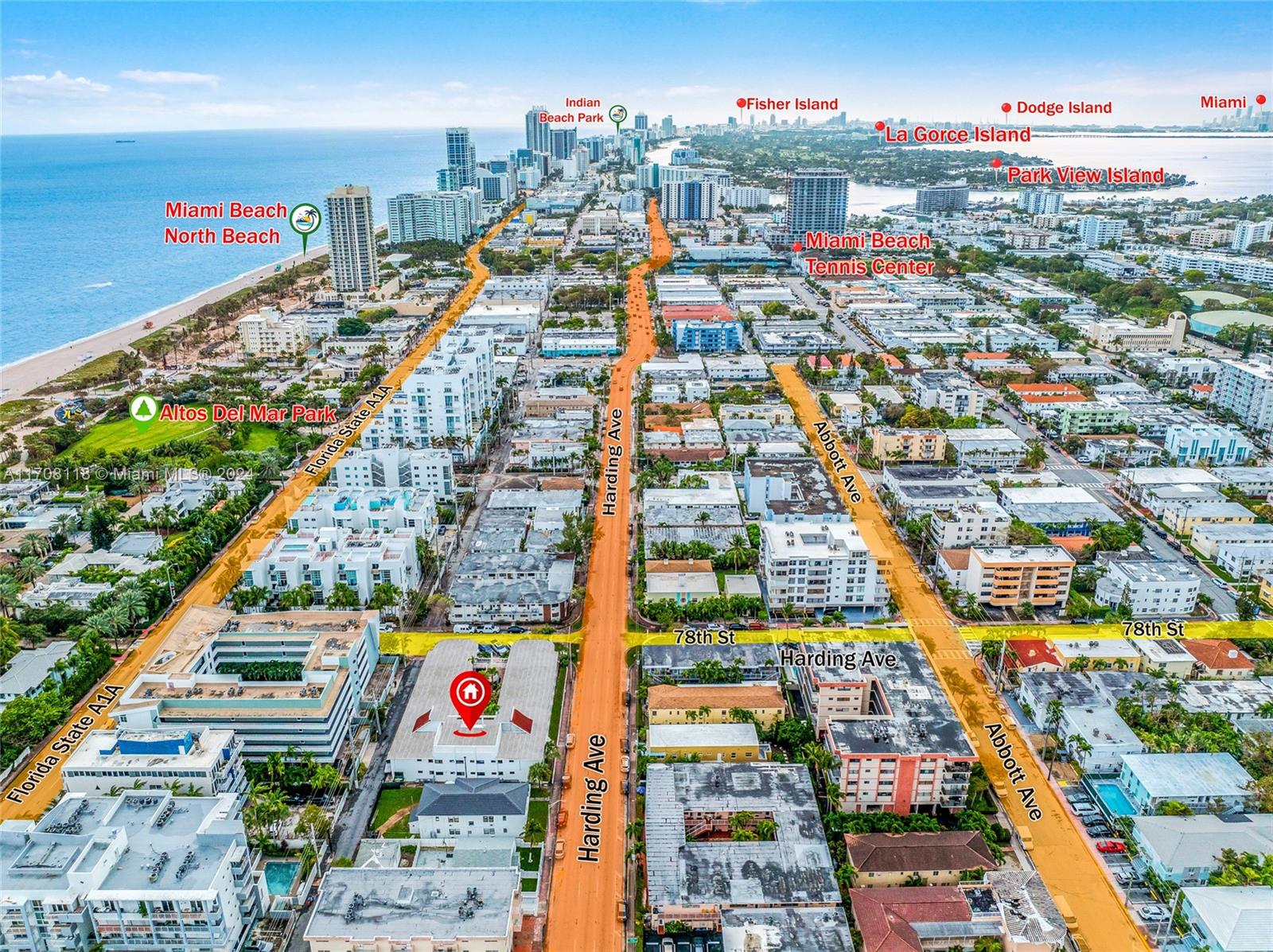 This aerial view shows a coastal neighborhood with highlighted streets and a marked property location — 235 78th St, Miami Beach FL 33141, MIAMI BEACH, FL