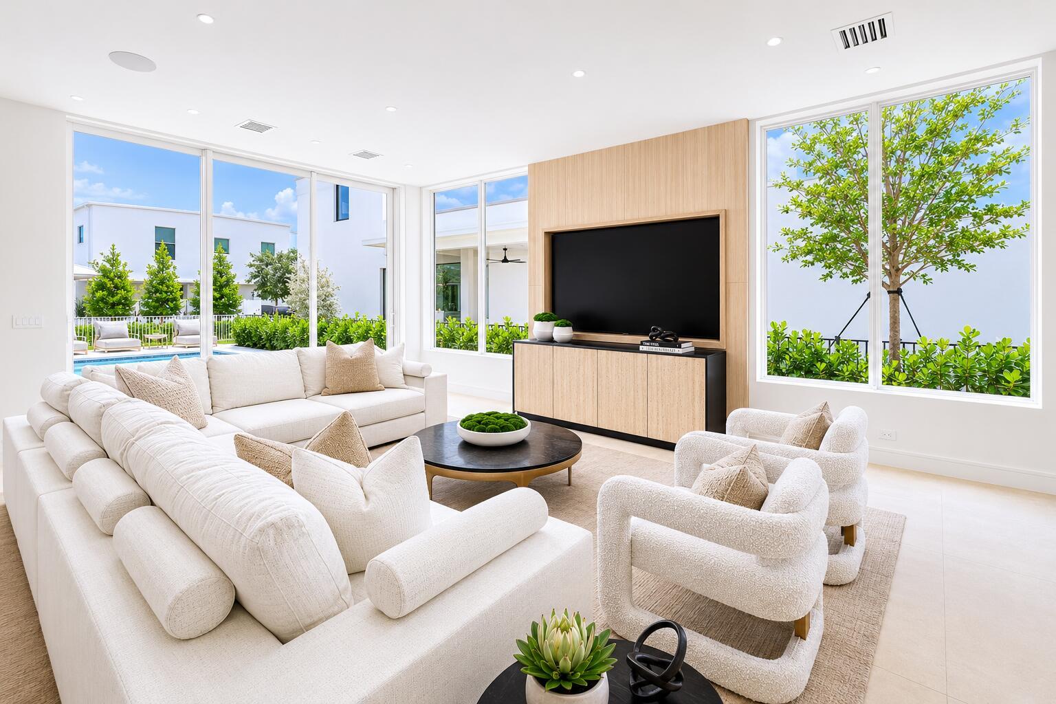 A bright living room features a large sectional, two armchairs, and a wall-mounted television — 519 SE 4th Avenue, Delray Beach FL 33483, DELRAY BEACH, FL