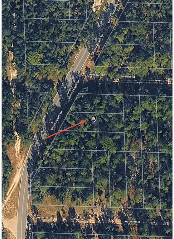 An aerial map view shows a wooded residential lot marked with a red arrow — 608 BADEN POWELL ROAD, HAWTHORNE, FL