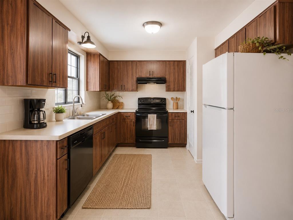 A kitchen features wood cabinets, black appliances, a white refrigerator, and light-colored countertops — 7115 LEXINGTON CIRCLE, BROOKSVILLE, FL