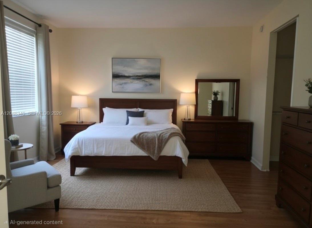 A bedroom features a wooden bed frame, matching dresser with mirror, and a neutral area rug — 2900 NW 125th Ave # 319, Sunrise FL 33323, SUNRISE, FL