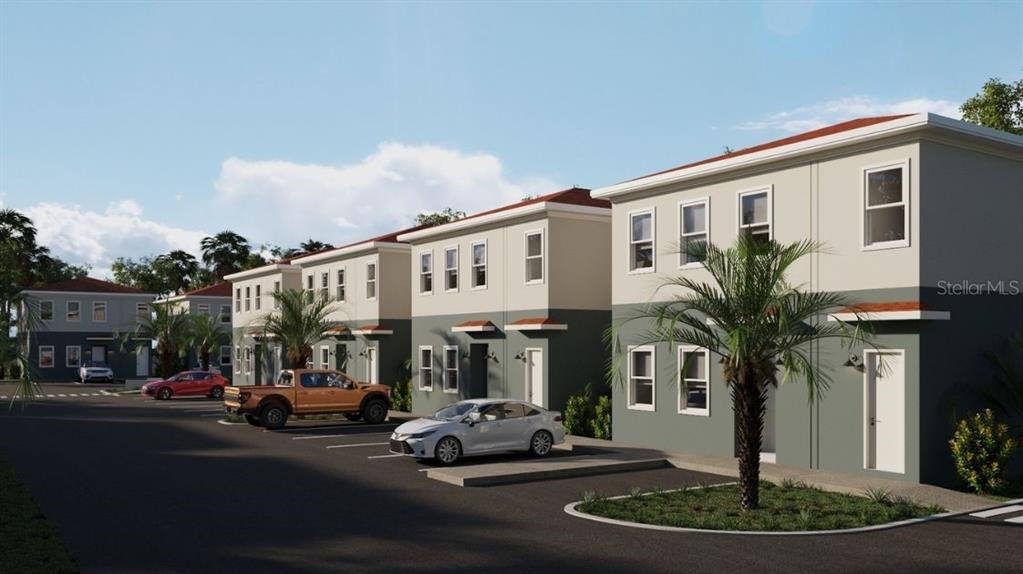 This is a digital rendering of a row of modern two-story townhomes with parking — 6925 E 21ST AVENUE, TAMPA, FL