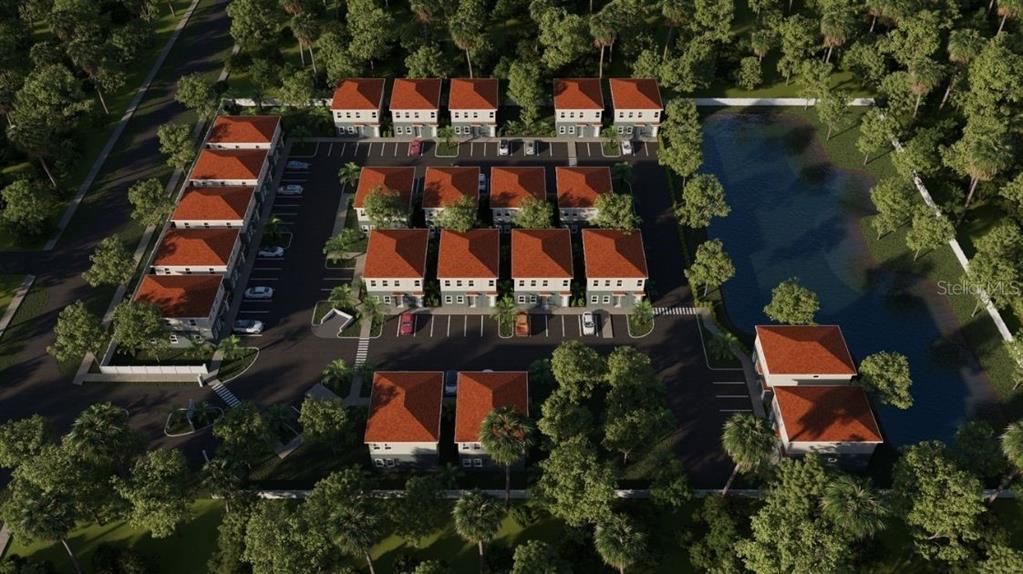 This is a digital rendering of a residential townhouse complex with a central parking area — 6925 E 21ST AVENUE, TAMPA, FL