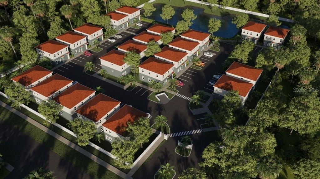This is a digital rendering of a residential complex featuring multiple townhouses and parking areas — 6925 E 21ST AVENUE, TAMPA, FL