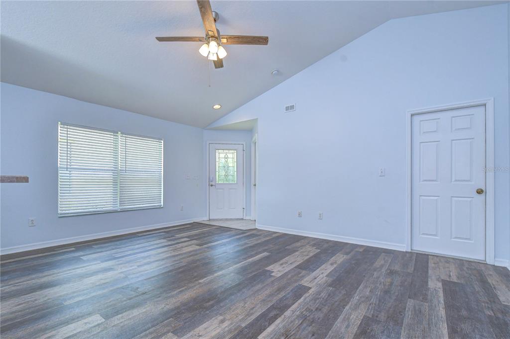 An empty room features light blue walls, wood-look flooring, a ceiling fan, and two doors — 6010 SKYLARKCREST DRIVE, LITHIA, FL