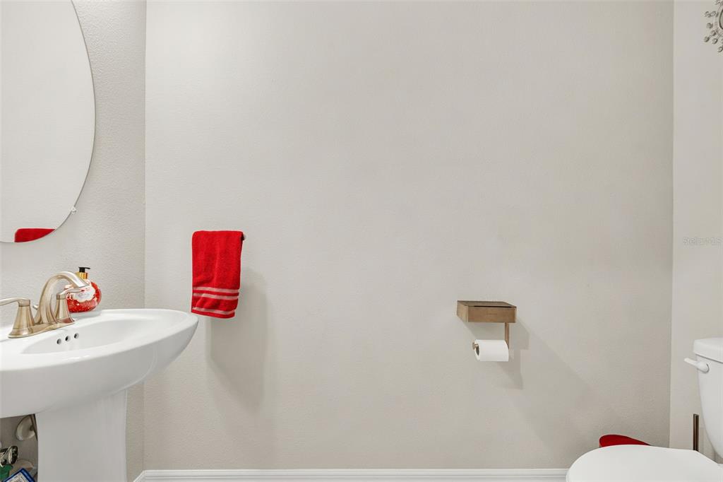 A bathroom features a pedestal sink, a wall-mounted toilet paper holder, and a red towel — 5438 TRIPOLI DRIVE, PALMETTO, FL