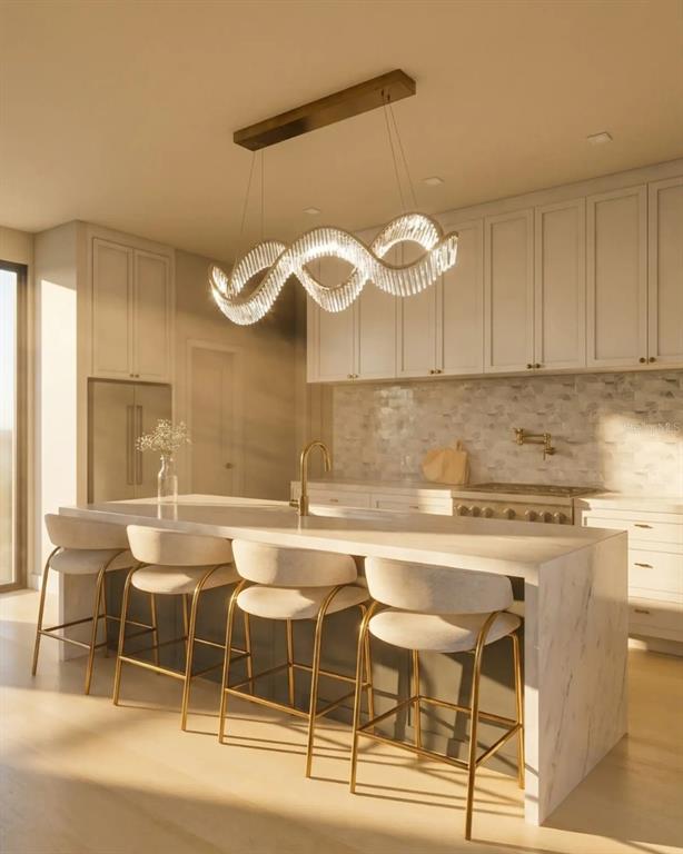 This rendering shows a modern kitchen with a marble island, gold stools, and crystal chandelier — 2501 COLE ROAD, ORLANDO, FL