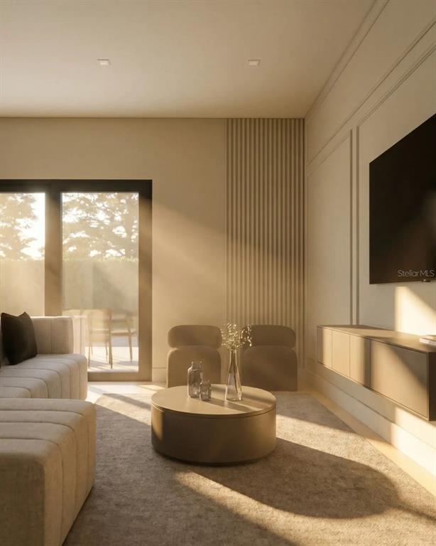 This rendering shows a modern living room with a neutral color palette and slatted wall — 2501 COLE ROAD, ORLANDO, FL