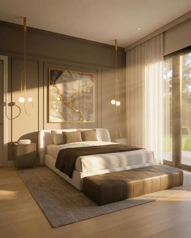 This is a rendering of a modern bedroom featuring a bed, pendant lights, and wall molding — 2501 COLE ROAD, ORLANDO, FL