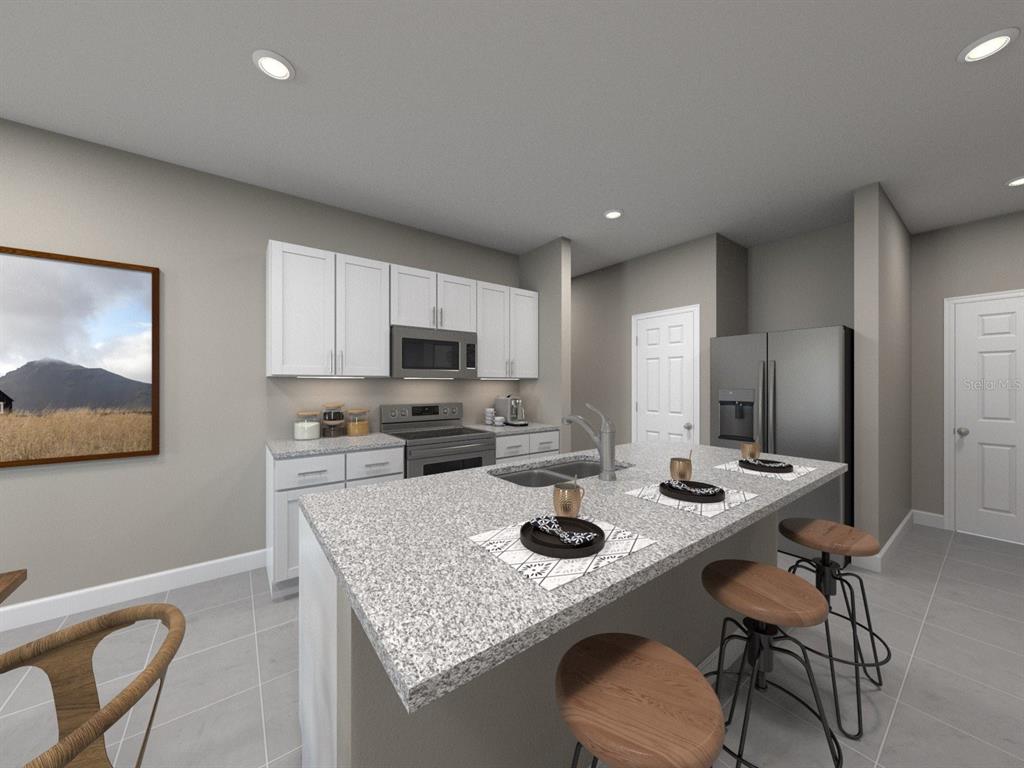 This is a rendering of a kitchen featuring white cabinets, granite countertops, and a central island — 835 SUNSHOWER DRIVE, LADY LAKE, FL