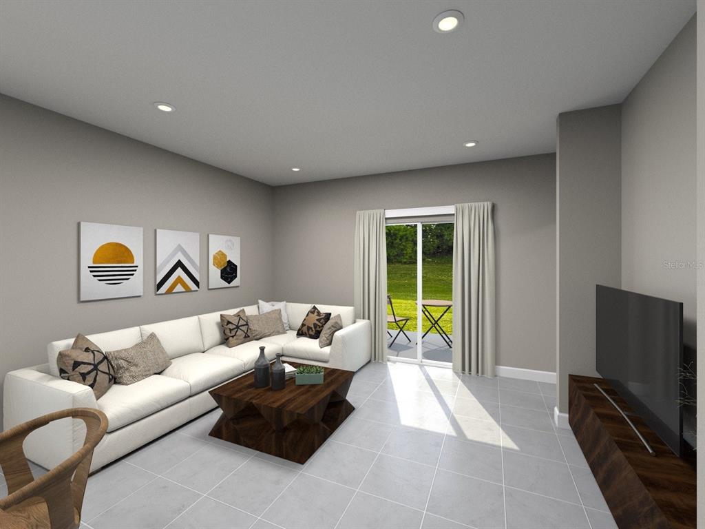 This is a digital rendering of a living room with a white sectional and tile flooring — 835 SUNSHOWER DRIVE, LADY LAKE, FL