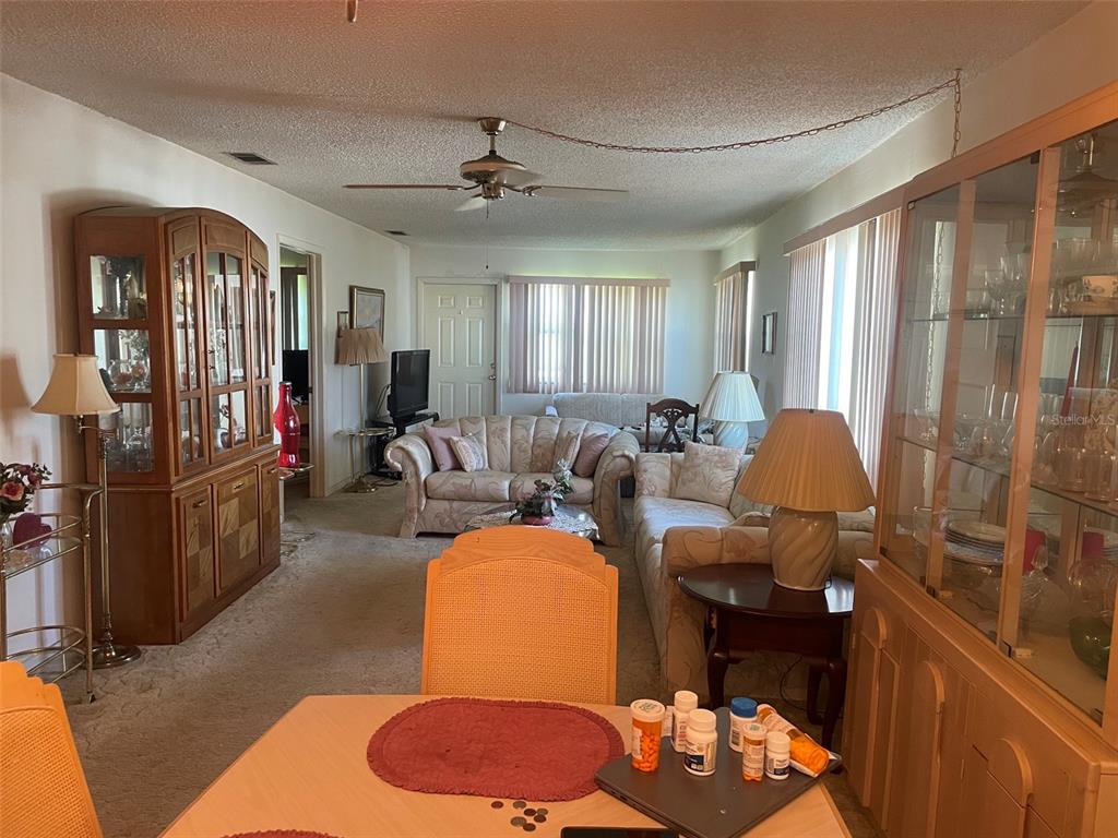 A living room and dining area featuring carpeted floors, wooden cabinetry, and two sofas — 5287 81ST STREET N UNIT 12, ST PETERSBURG, FL