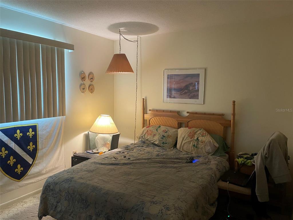 A bedroom features a bed with a patterned comforter, a hanging lamp, and a wall flag — 5287 81ST STREET N UNIT 12, ST PETERSBURG, FL