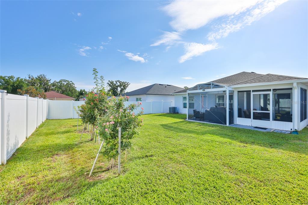 A backyard with a white vinyl fence, a screened-in patio, and several small rose bushes — 7640 MUSCOVY DRIVE, LAKELAND, FL