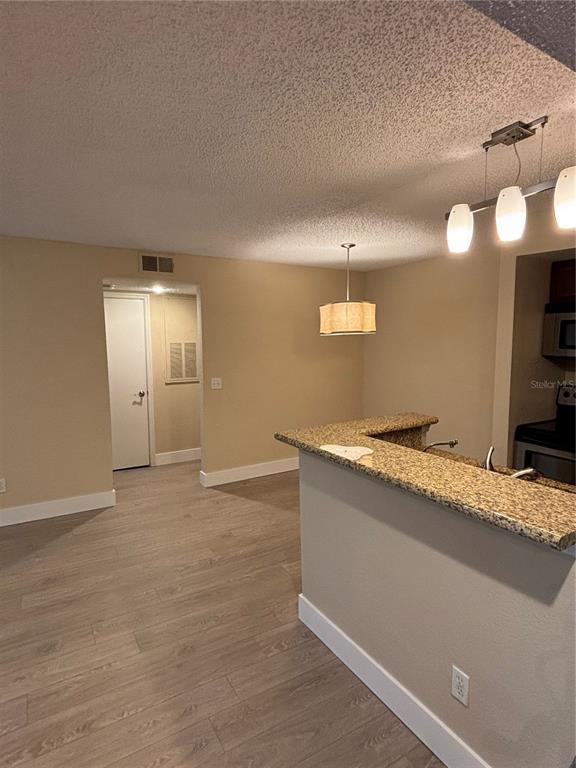 An interior view shows a kitchen with a granite breakfast bar, wood-look flooring, and lighting — 5124 CONROY ROAD UNIT 623, ORLANDO, FL