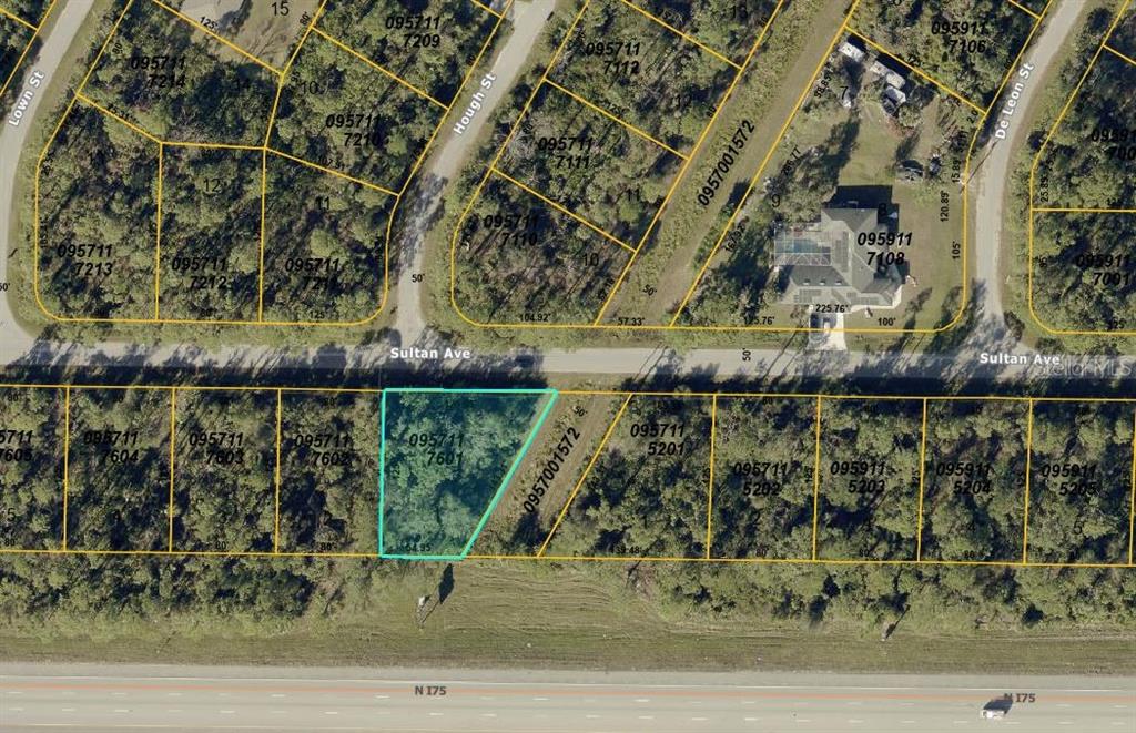 This is an aerial map showing a highlighted vacant lot bordered by Sultan Avenue — 1 SULTAN AVENUE, NORTH PORT, FL