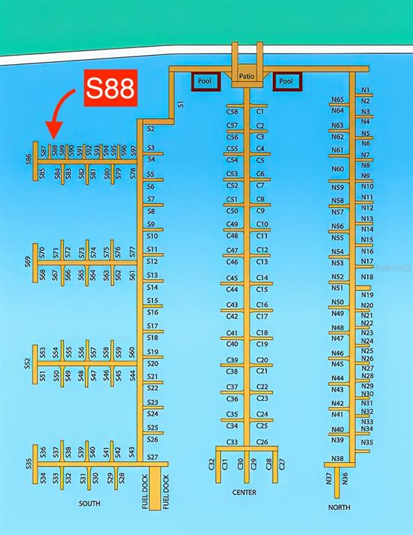 This is a map of a marina showing the layout of numbered boat slips — 102 RIVIERA DUNES WAY UNIT S-88, PALMETTO, FL
