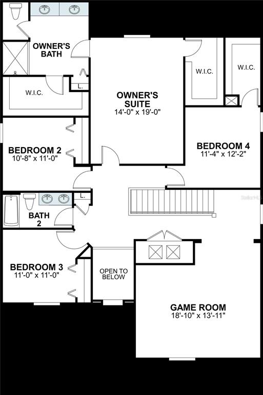 This is a floor plan of a residential second story featuring four bedrooms, a game room, and two bathrooms — 4567 LAKE FOX DRIVE, LAKELAND, FL
