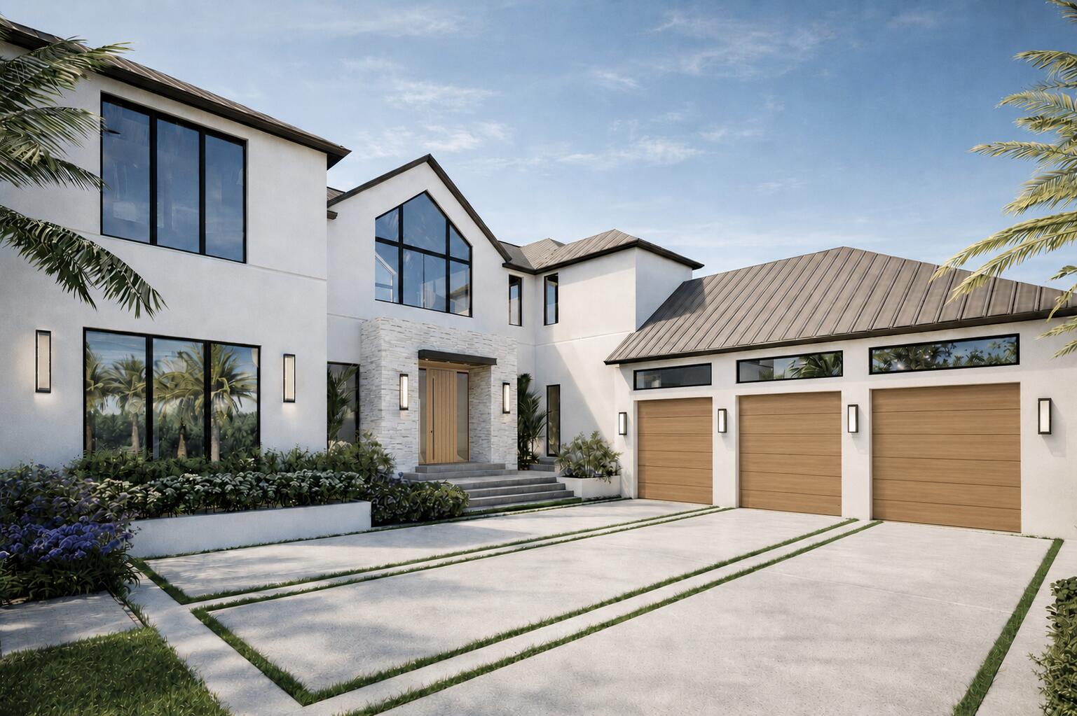 A digital rendering of a modern white house with a three-car garage and stone entryway — 3 Hudson Avenue, Ocean Ridge FL 33435, OCEAN RIDGE, FL