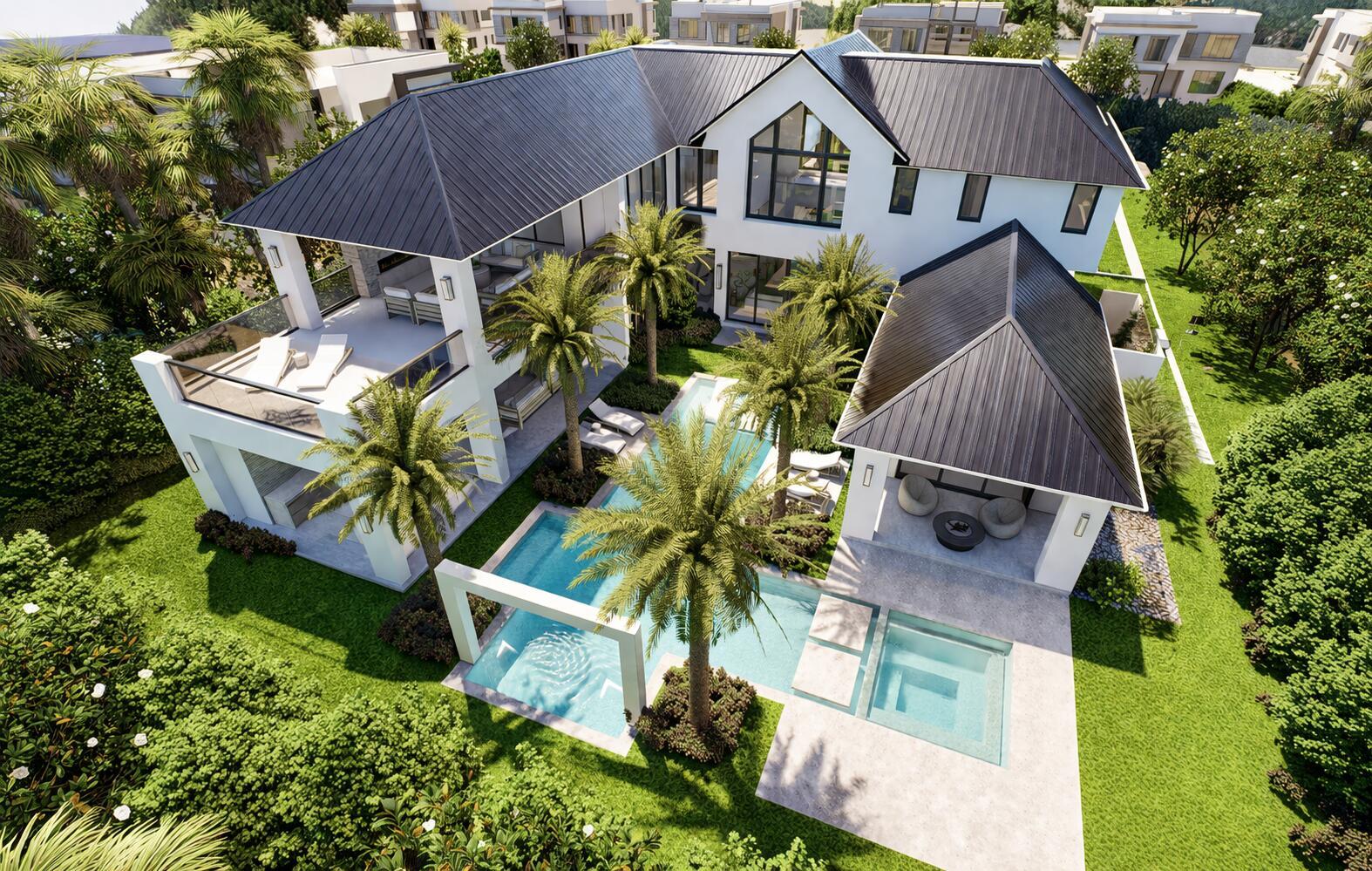 This architectural rendering shows a modern two-story house with a pool, patio, and palm trees — 3 Hudson Avenue, Ocean Ridge FL 33435, OCEAN RIDGE, FL