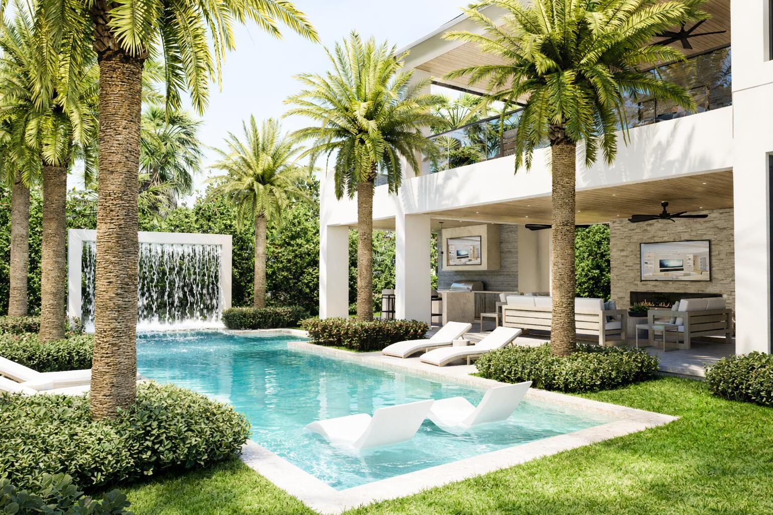 This architectural rendering shows a modern backyard with a swimming pool, waterfall, and covered patio — 3 Hudson Avenue, Ocean Ridge FL 33435, OCEAN RIDGE, FL