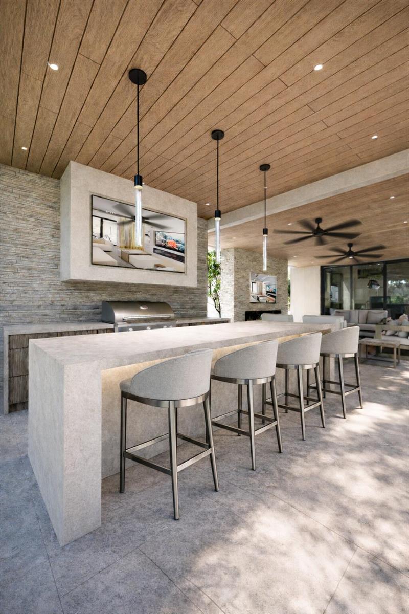 This rendering shows an outdoor kitchen with a stone island, bar seating, and wood ceiling — 3 Hudson Avenue, Ocean Ridge FL 33435, OCEAN RIDGE, FL