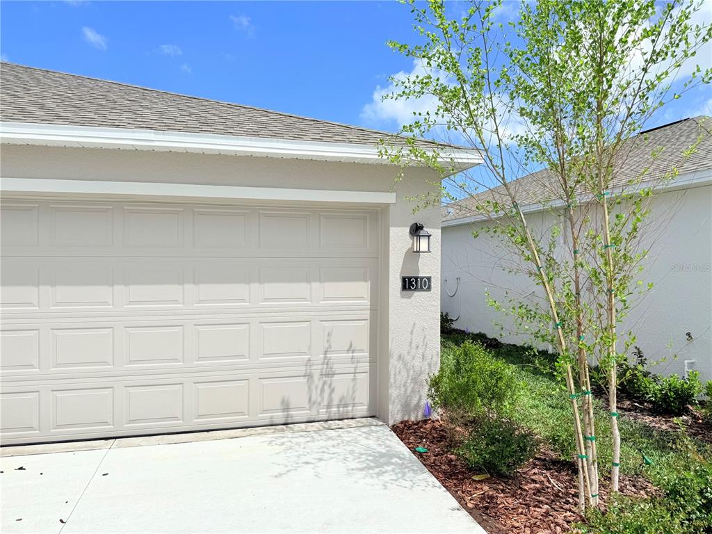 A beige house exterior features a white garage door, a wall-mounted lantern, and a young tree — 1310 BELLE ISLE LANE, DAYTONA BEACH, FL