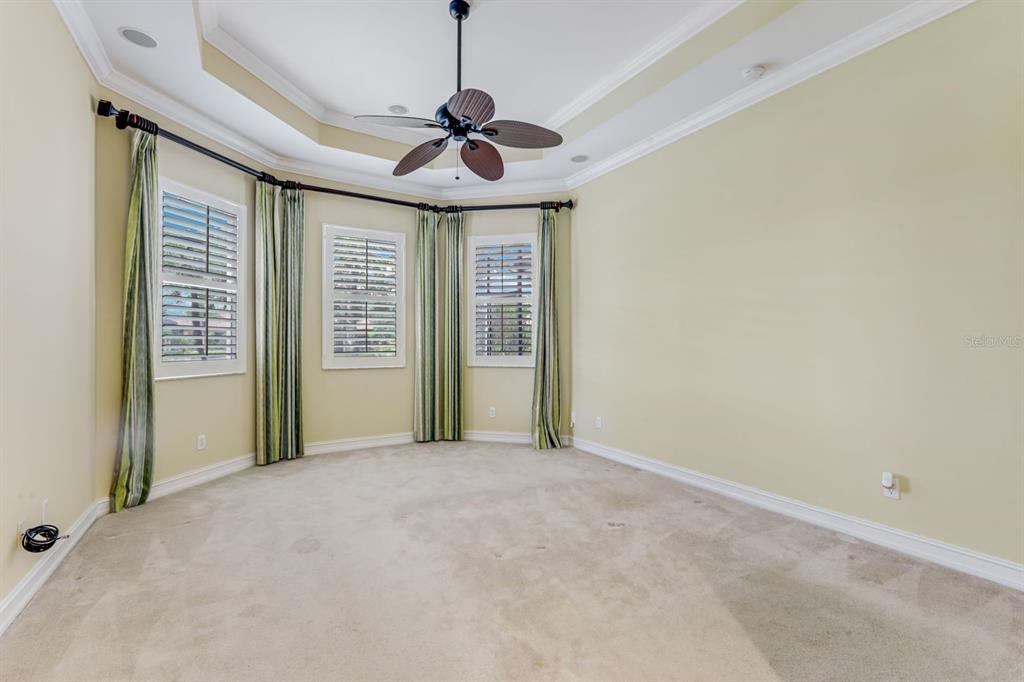 A carpeted room with a tray ceiling, ceiling fan, and windows with green curtains — 12584 GRANDEZZA CIRCLE, ESTERO, FL