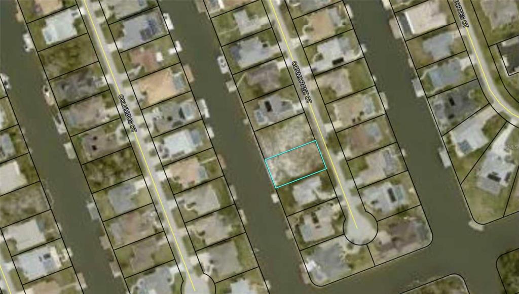 This is an aerial map showing a vacant residential lot highlighted in blue on Cormorant Court — 40 CORMORANT COURT, PALM COAST, FL
