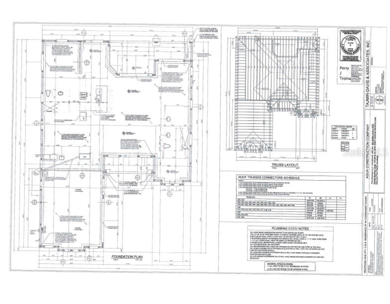 This is a construction blueprint showing a foundation plan and a roof truss layout — 40 CORMORANT COURT, PALM COAST, FL