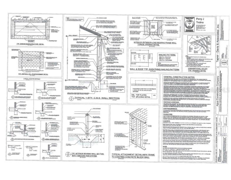 This image is a technical architectural blueprint showing various construction details for a concrete block building — 40 CORMORANT COURT, PALM COAST, FL