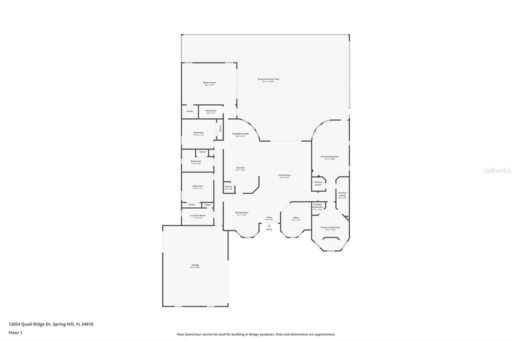 This is a floor plan of a single-story house with a garage and screened patio — 12054 QUAIL RIDGE DRIVE, SPRING HILL, FL