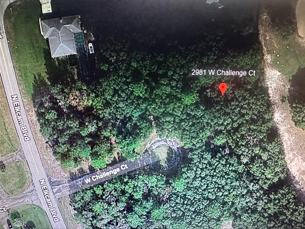 This is a satellite map view of a wooded residential lot at a cul-de-sac — 2981 W CHALLENGE COURT, CITRUS SPRINGS, FL